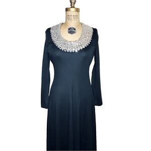 Vintage 70s Bernie Bee Long Black Dress with silver sequin neckline Size 2 NWT